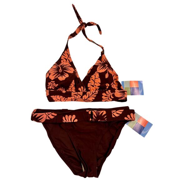 NWT Y2K Women's Ocean Dream Halter Belted Coral/Brown Bikini Set Size 12 - Picture 1 of 4